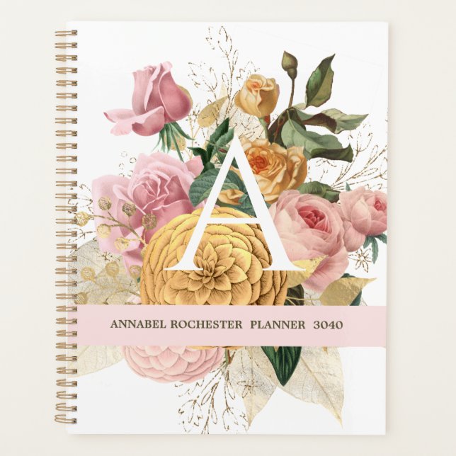 Agenda Planeador personalizado de rosas de pincel e ouro (Frente)