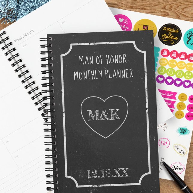 Agenda Planeador Rustic Black and White Heart Bridal Part (For your Man of Honor or any member of your bridal party, add their name and your wedding date)