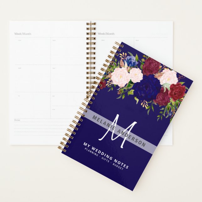 Agenda Planeamento do Casamento Floral Azul Rosa-Rosa Rus (Exibição)