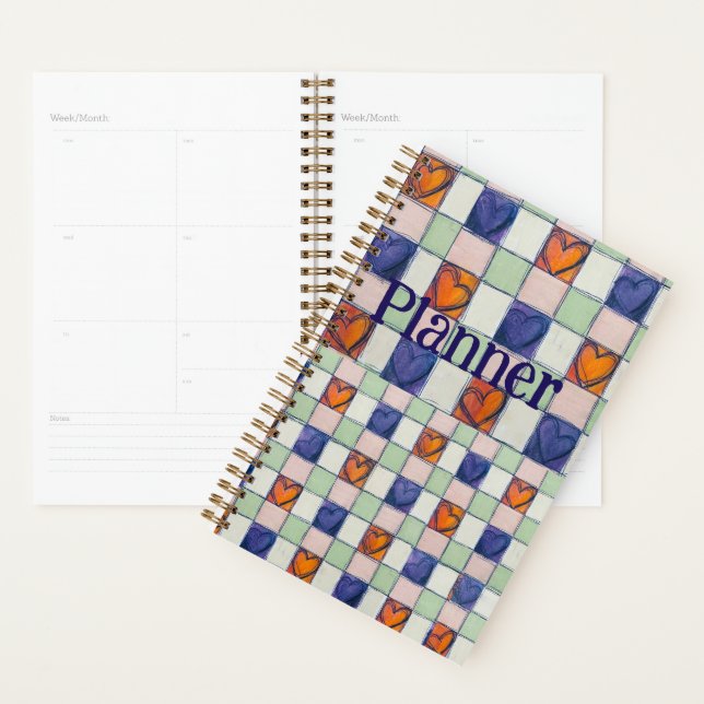 Agenda Planner azul laranja verde gingham (Exibição)
