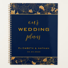 Agenda Planner de Casamento Azul do Marinho Floral Dourad