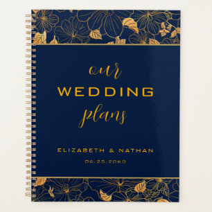 Agenda Planner de Casamento Azul do Marinho Floral Dourad