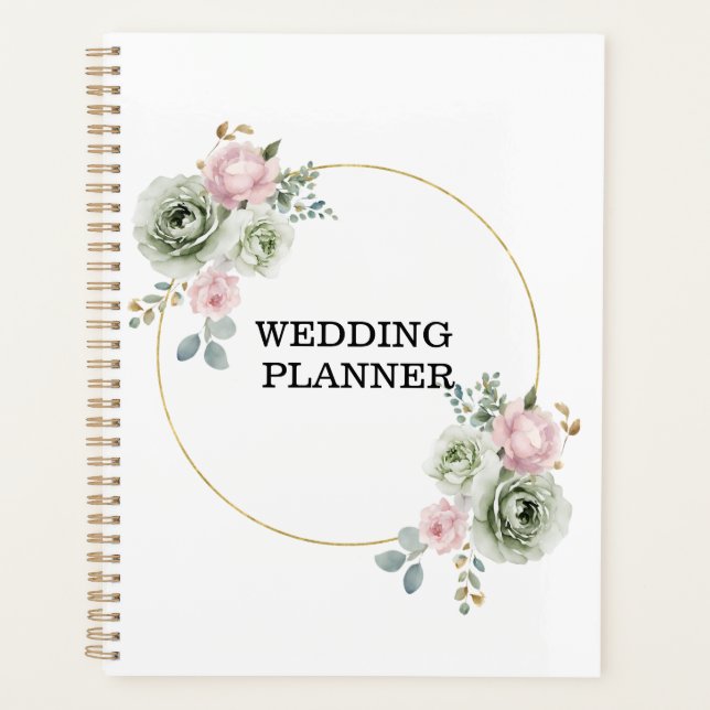 Agenda Planner de Casamento de Flores Verdes e Rosa (Frente)