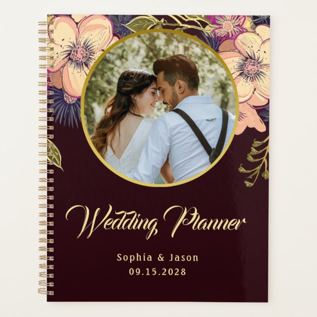 Agenda Planner de Casamento de Foto Burgundy (Frente)