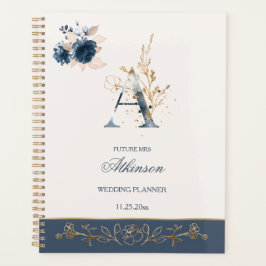 Agenda Planner de Casamento de rosas azuis e douradas mar