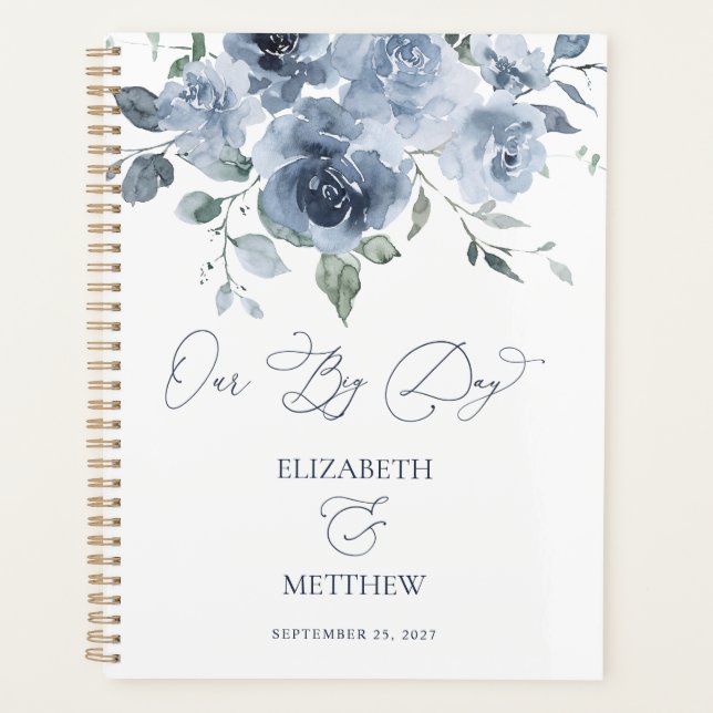 Agenda Planner de Casamento Floral Azul Elegante (Frente)