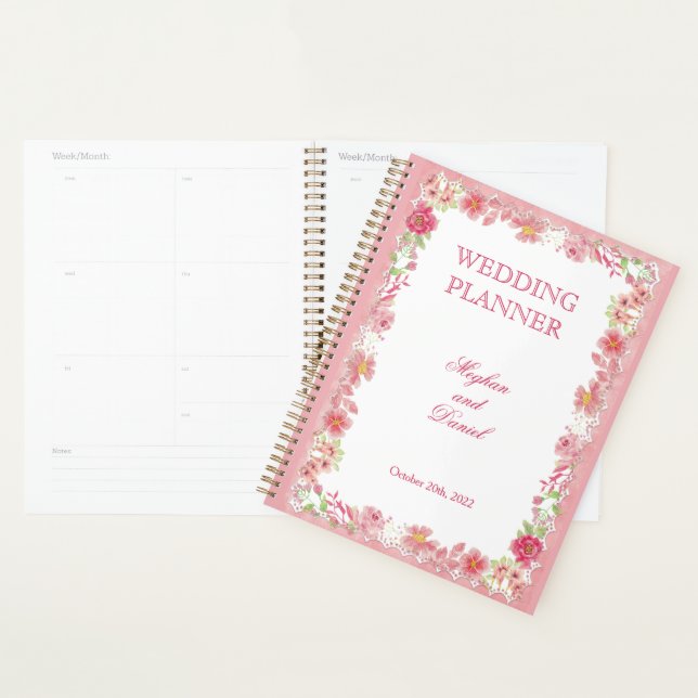 Agenda Planner de Casamento Floral Cor-de-Água Rosa (Exibição)