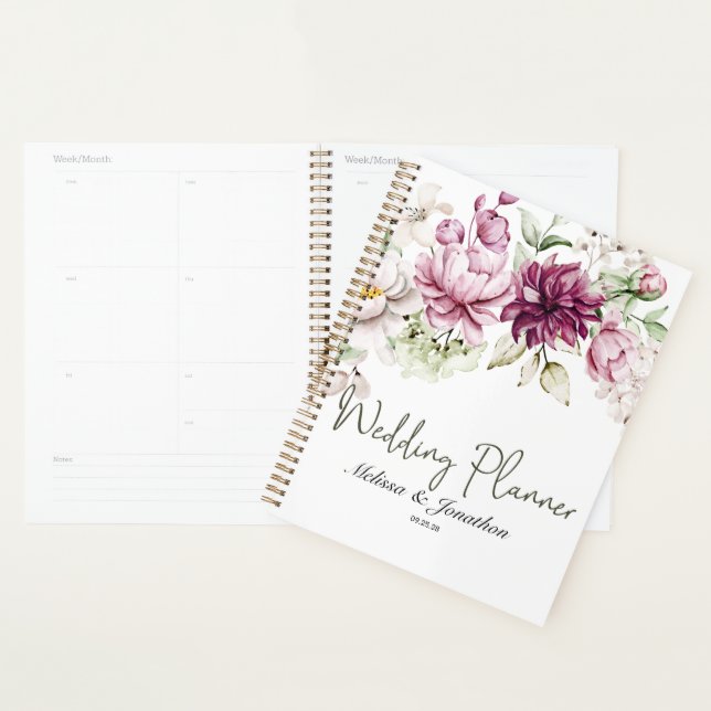 Agenda Planner de Casamento Floral Rosa Burgundy (Exibição)