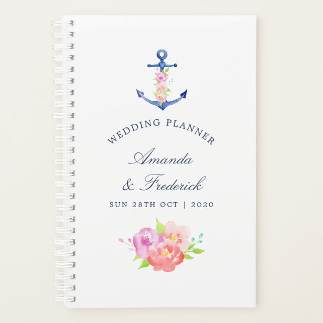 Agenda Planner de Casamento Náutico Floral de Aquarela (Frente)