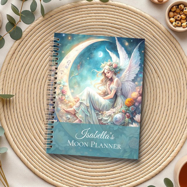 Agenda Planner de fada de lua encantada personalizada (Custom Enchanted Moon Fairy Planner on a neutral boho table with herbs and a cup of tea.)