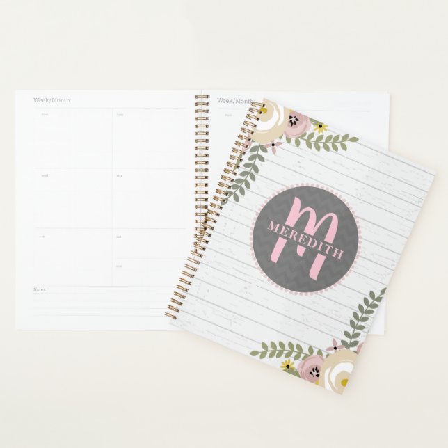 Agenda Planner de madeira de Cinzas Florais Monogramas Du (Exibição)