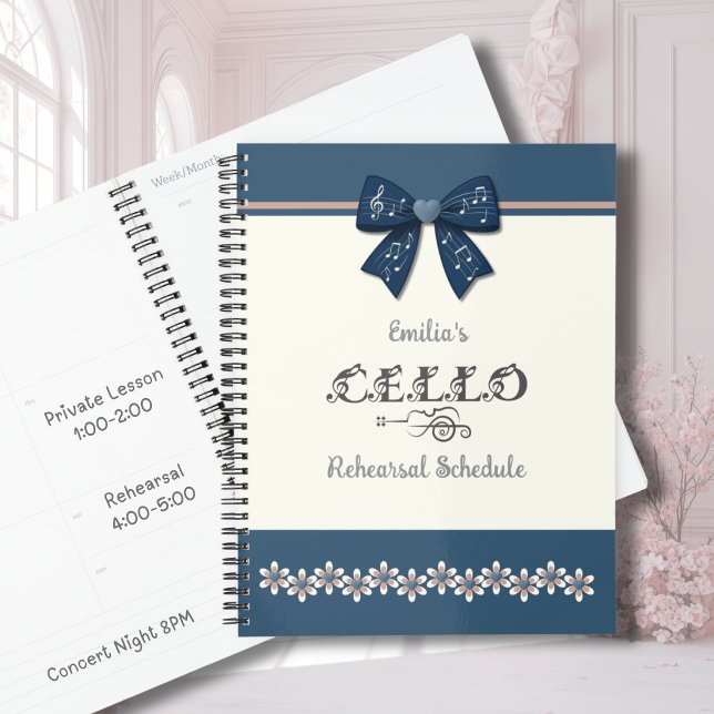 Agenda Planner de Partitura de Cello com Laço Floral da M (Sweet navy floral cello planner for teen girls to organize music lessons and concert dates.)