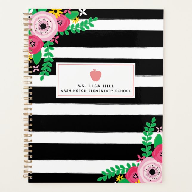 Agenda Planner de Professores de Maçã Rosa Floral Stripes (Frente)