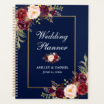 Agenda Planner Dourado de Casamento Floral Azul Burgundy<br><div class="desc">Dourada Elegante Marsala Watercolor Floral e Azul Planner de Casamentos</div>
