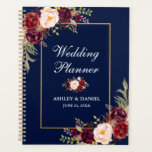Agenda Planner Dourado de Casamento Floral Azul Burgundy<br><div class="desc">Dourada Elegante Marsala Watercolor Floral e Azul Planner de Casamentos</div>
