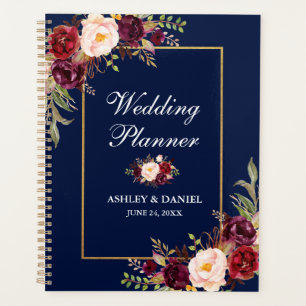 Agenda Planner Dourado de Casamento Floral Azul Burgundy