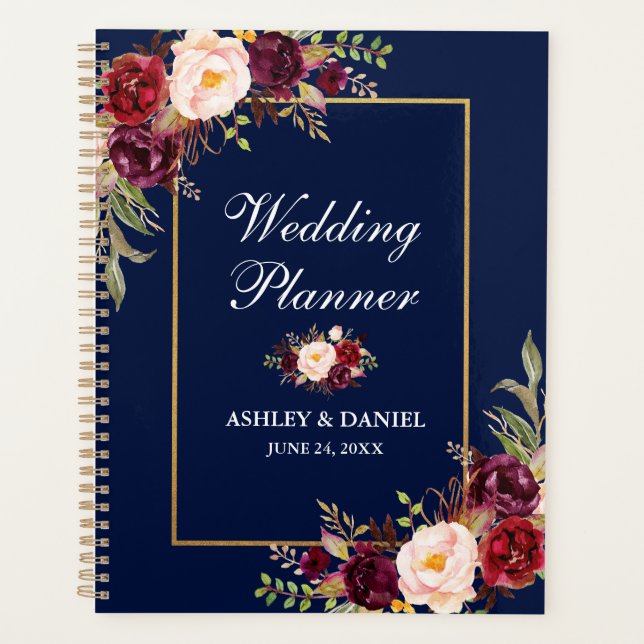 Agenda Planner Dourado de Casamento Floral Azul Burgundy (Frente)