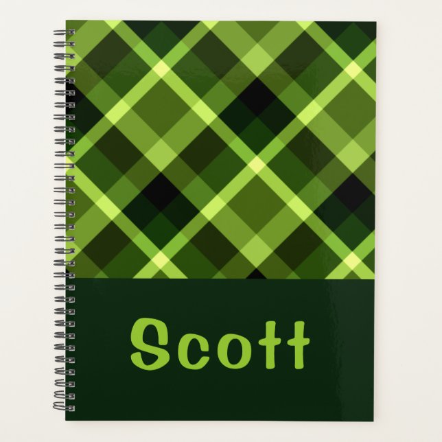 Agenda Planner Elegante de Xadrez Verde de Ervilha (Frente)