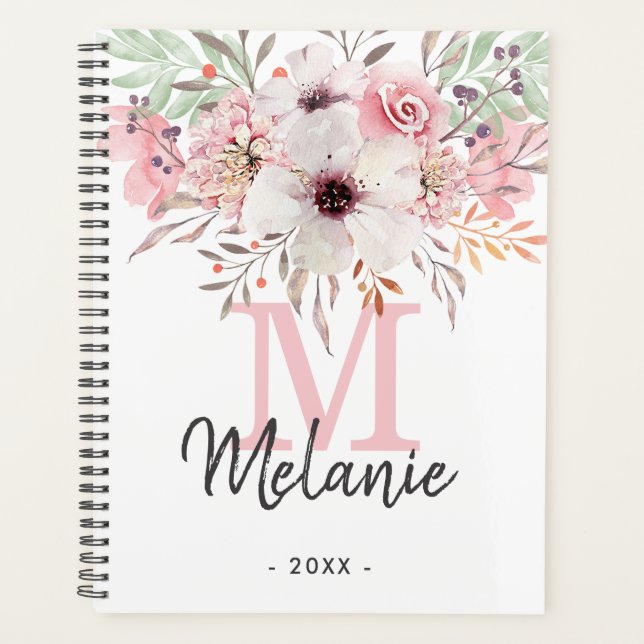 Agenda Planner Floral 2024, Girly Blush Pink Monograma (Frente)