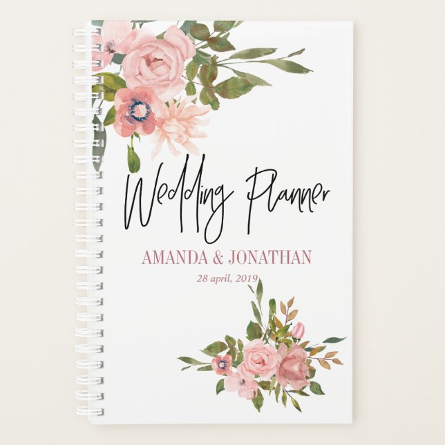 Agenda Planner Floral Blush e Rosa Dourado de Casamento (Frente)