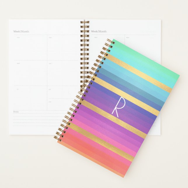 Agenda Planner Gradiente de Stripes de Pastel Monograma (Exibição)