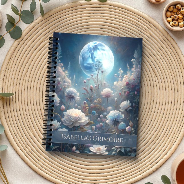 Agenda Planner Lunar Bloom - Diário Místico Floral (Lunar Bloom Planner – Mystical Floral Moon Journal on a boho table with herbs and a cup of tea)