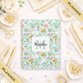 Agenda Planner Monogram Tea & Bookish Cats Green