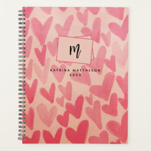 Agenda Planner Monograma de Corações de Doodle Rosa Moder