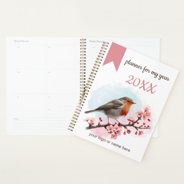 Agenda Planner Watercolor Robin com flores de cereja (Exibição)