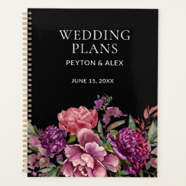 Agenda Planos de Casamento Botânico Preto-Floral Púrpura-