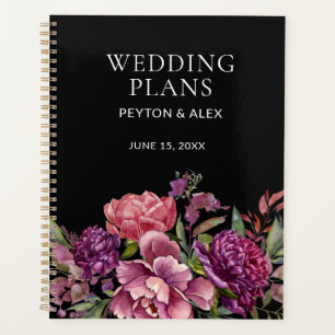 Agenda Planos de Casamento Botânico Preto-Floral Púrpura-