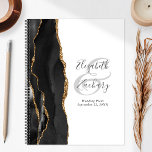 Agenda Planos de Casamento Dourado Preto do Script Geode<br><div class="desc">Este elegante planejador de casamento moderno apresenta uma design de aquarela preta, aparada com falsa brilho dourado. Personalize facilmente o texto das cinzas de carvão em um fundo branco, com os nomes da noiva e do noivo em caligrafia manual sobre uma grande e pálida amostra de cinza. Adicione o título...</div>