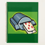 Agenda Playing Card Dealer Machine Poker and Casino<br><div class="desc">Organize your winning strategies and daily tasks with this creative spiral planner featuring a cartoon card dealer machine on the cover. This professional notebook showcases a mechanical shuffler dispensing a five of diamonds in a crisp and modern vector illustration. It is an ideal gift for poker enthusiasts, professional dealers, or...</div>