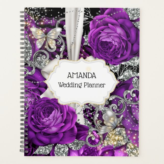 Agenda Plum prata borboleta brilho DIY nome foto  (Frente)