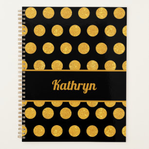 Agenda Pontos de Bolinhas Preto e Dourado Nome Personaliz