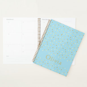 Agenda Pontos de Confetti Dourados Pastel Azul Personaliz