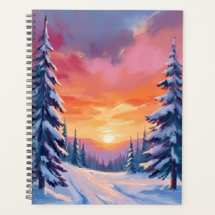 Agenda Pôr do Sol de Neve de Inverno Pintura em Aquarel