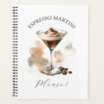 Agenda Por favor, Espresso Martini Lindo Coquetel Temátic<br><div class="desc">Diga com estilo: “Espresso Martini, por favor.” Este planejador ou caderno divertido apresenta uma ilustração pintada à mão em aquarela de um espresso martini na frente e um padrão completo de espresso martini no verso — perfeito para amantes de coquetéis, planejadores de festas ou qualquer pessoa que prospera com cafeína...</div>