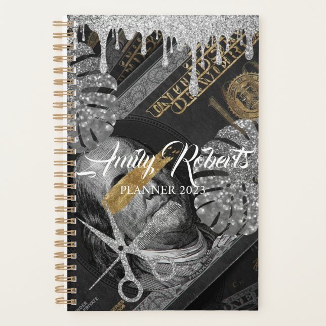 Agenda Prata de Dólar Negro Marble com Planner de Salão (Frente)