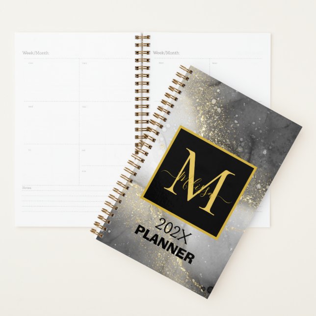 Agenda Prata moderna e monograma personalizável Dourado (Exibição)
