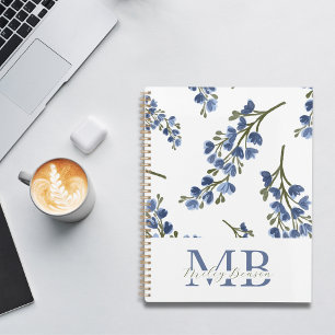 Agenda Pré-Papoilas Retro-Flores Selvagens Monograma Azul