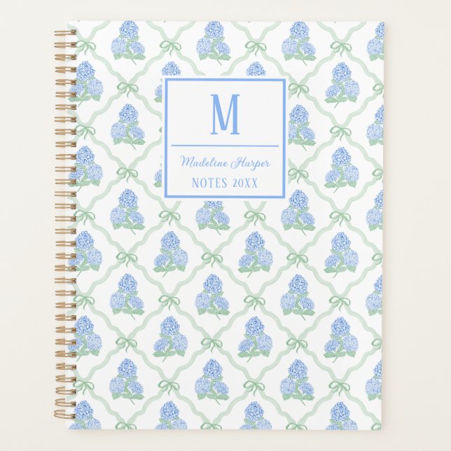 Agenda Preppy Trellis Bow Blue & Green Hydrangeas Monogra (Frente)