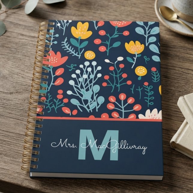 Agenda Presente Caprichoso para Agradecimento de Professo (Navy botanical spiral planner for teachers, perfect for appreciation week.)