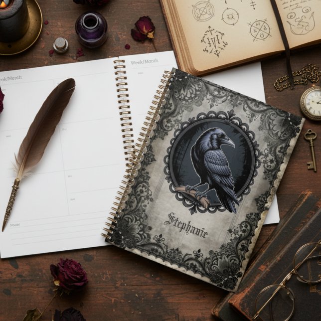 Agenda Presente de Natureza Botânica de Corvo Gótico e Br (Gothic Raven desk planner)