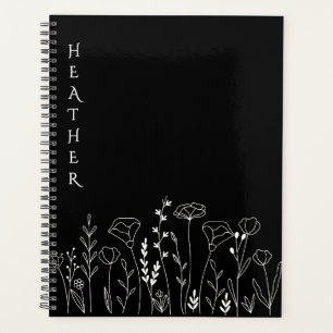 Agenda Presente Preto Personalizado Boho Wildflower para 
