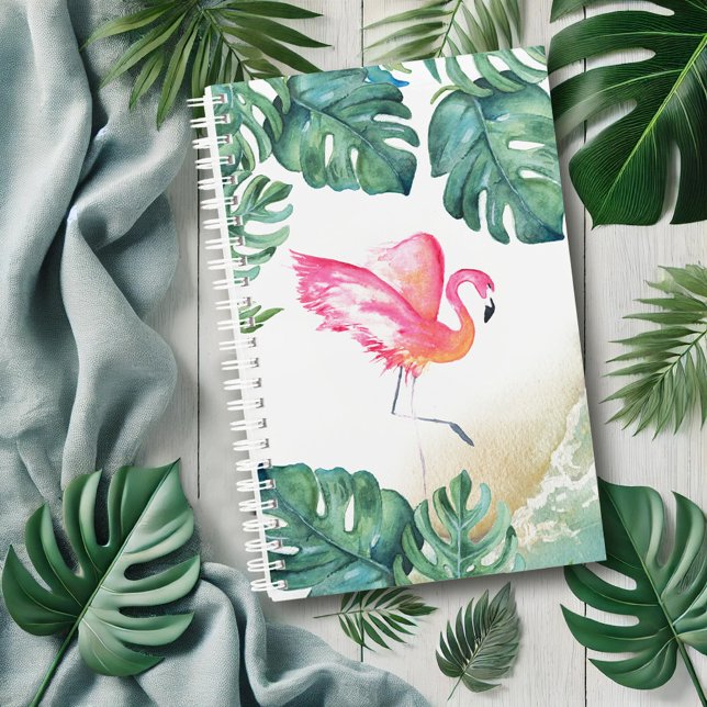 Agenda Presentes de Flamingo Rosa Tropicais (Tropical planner with watercolor pink flamingo and palm leaves art by Victoria Grigaliunas)