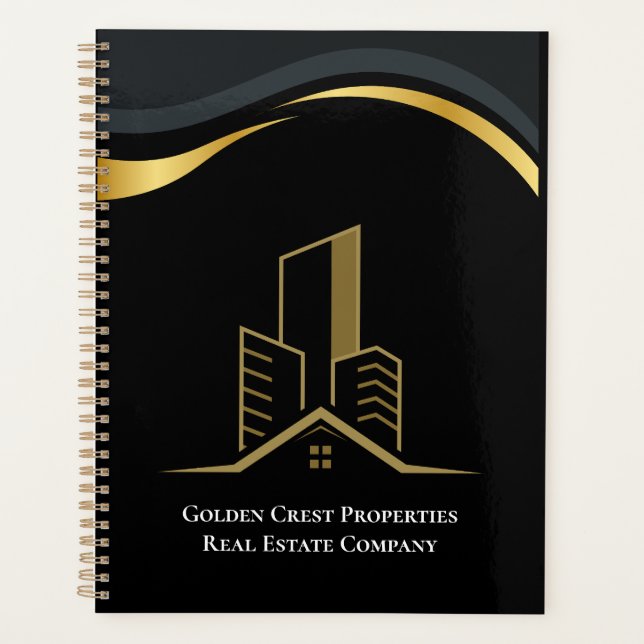 Agenda Preto de luxo e Dourado imóvel personalizado (Frente)