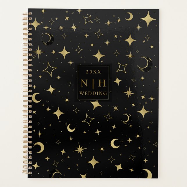 Agenda Preto e Dourado Moderno Celestial Lua Estrelas Cas (Frente)