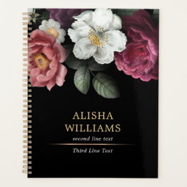 Agenda Preto Floral Personalizado do Luxo