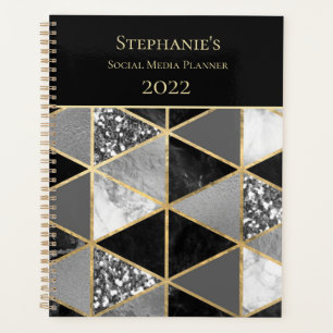 Agenda Preto Geométrico Personalizado e Pla Marble Branc